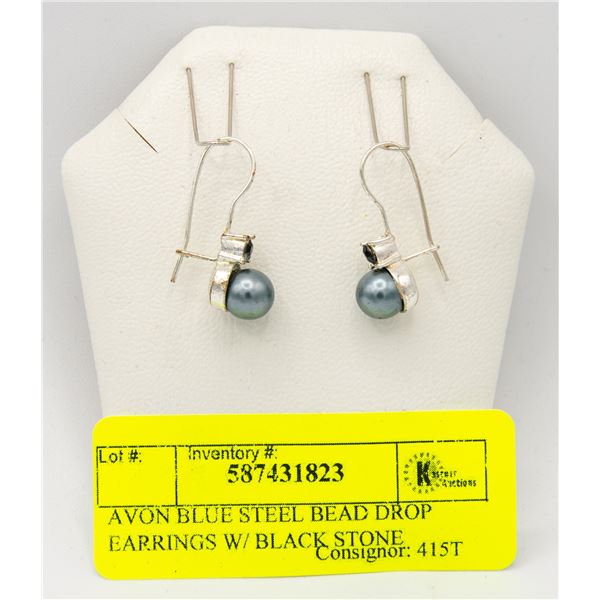 AVON BLUE STEEL BEAD DROP EARRINGS W/ BLACK STONE