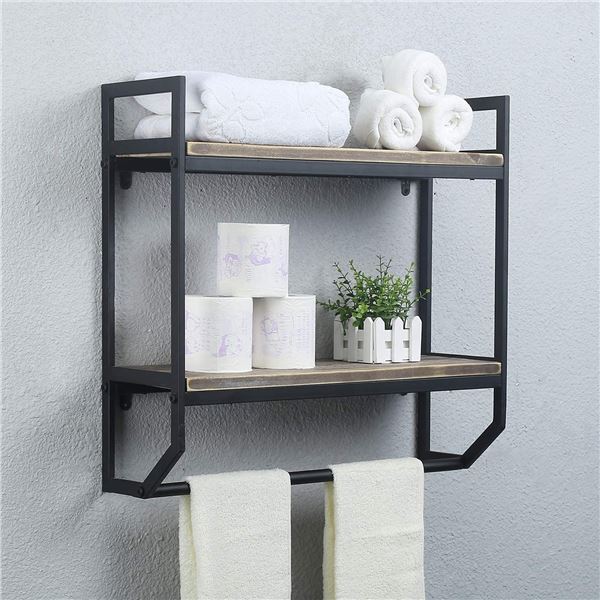 NEW 2 TIER METAL FRAMED BATHROOM TOWEL BAR SHELF