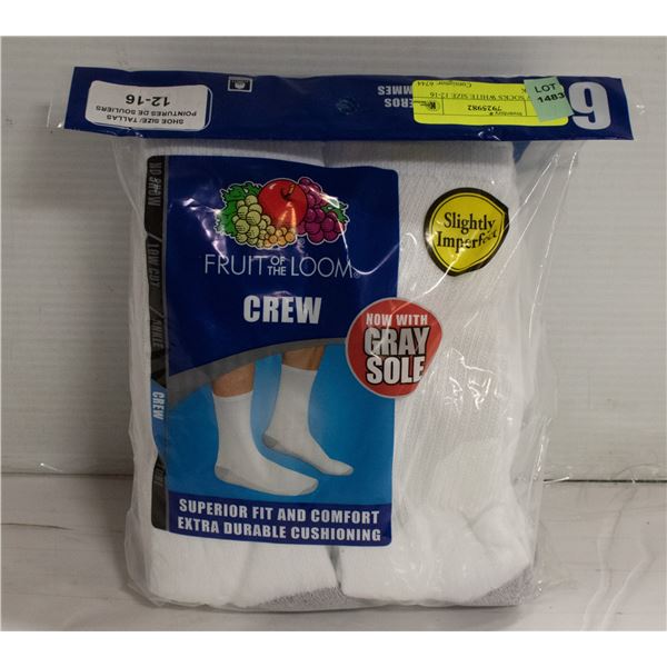 CREW SOCKS WHITE SIZE 12-16 6-PACK