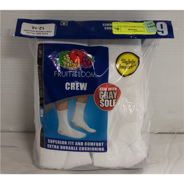 CREW SOCKS WHITE SIZE 12-16 6-PACK