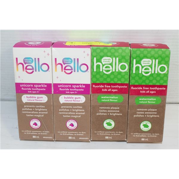 4 PACKS OF HELLO TOOTHPASTE,BUBBLE GUM,WATERMELON