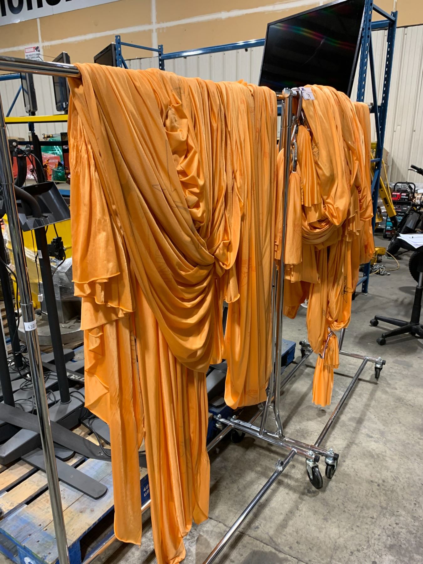 2 MOBILE CLOTHING RACKS WITH ORANGE FABRIC GYM PRIVACY DRAPES - Able ...