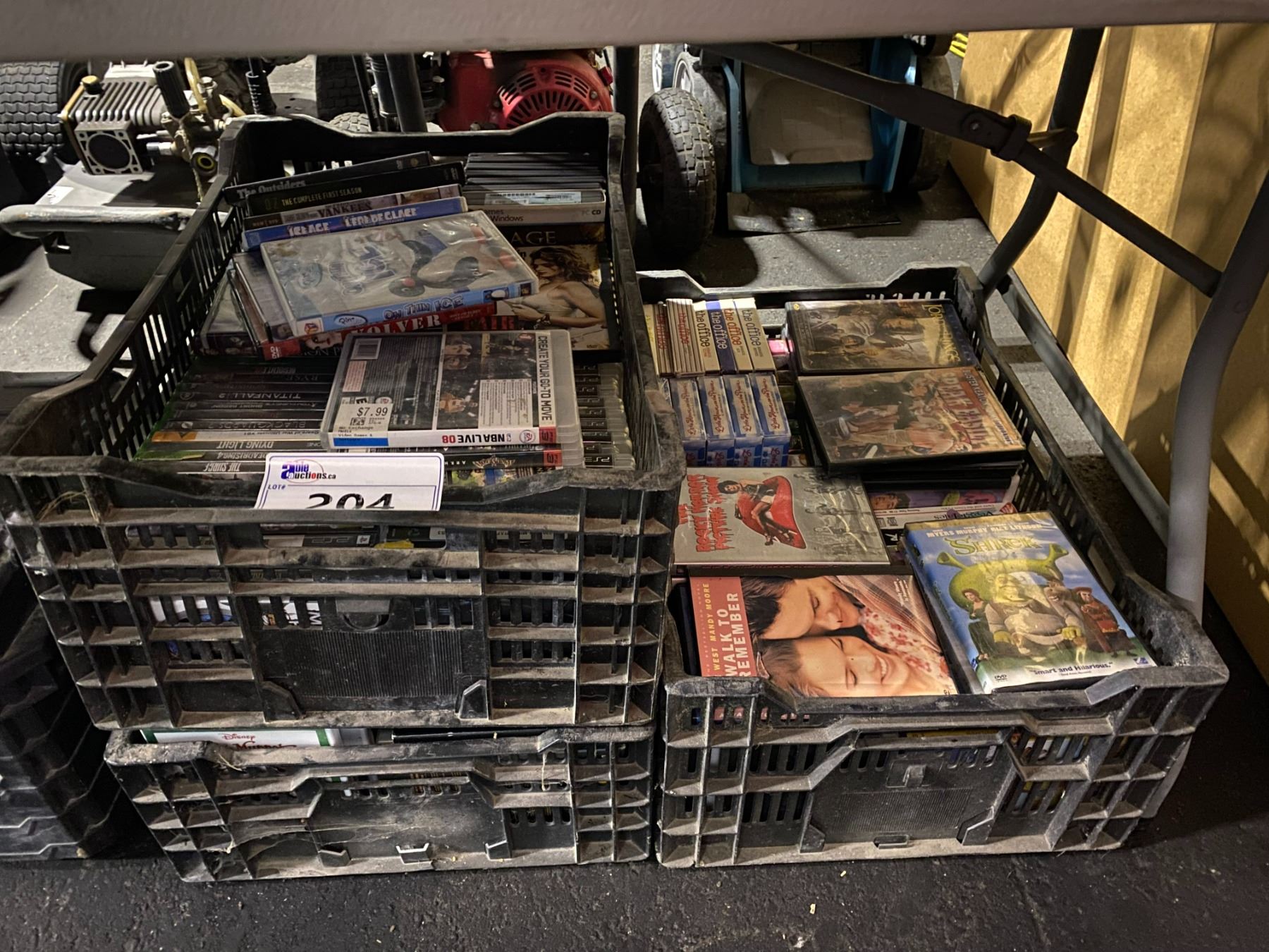 CRATE OF ASSORTED XBOX ONE GAMES, PS3 GAMES, & 2 CRATES OF DVDS / VHS