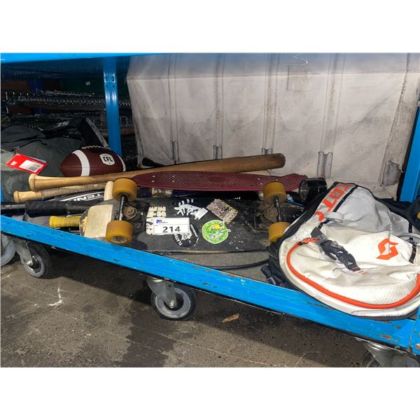 SHELF OF ASSORTED TENNIS RACKETS, BASEBALL BATS, SKATE BOARD, LONGBOARD ...