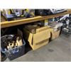 Image 1 : 2 CRATES OF DOOR HARDWARE, 3 BOXES OF 3M WHITE PAINTERS COVERALLS, BIN OF DRYWALL / GROUTING TOOLS,