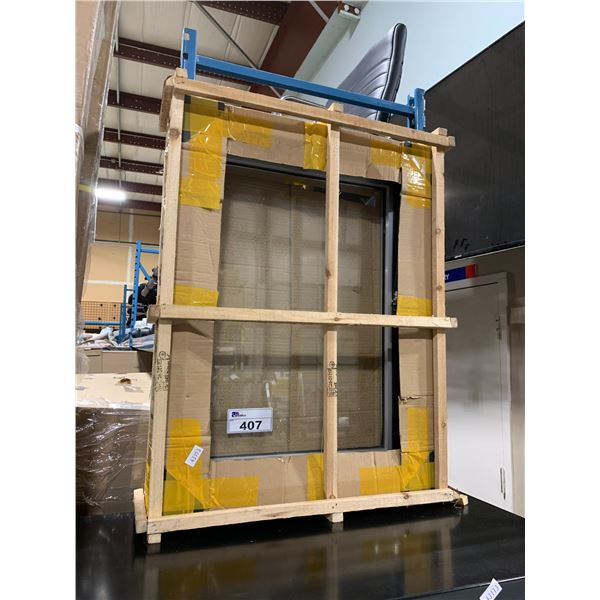 GREY 32" X 24" GLASS INSET WINDOW IN CRATE