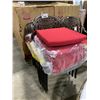 Image 2 : STACK OF 6 BRONZE CAST ALUMINUM OUTDOOR PATIO STACKING CHAIRS WITH RED CUSHIONS