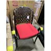 Image 2 : STACK OF 6 BRONZE CAST ALUMINUM OUTDOOR PATIO STACKING CHAIRS WITH RED CUSHIONS