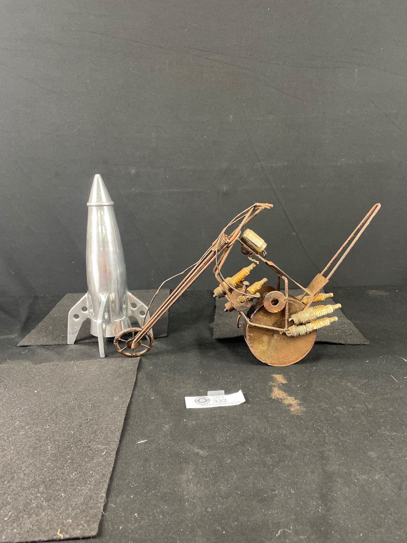Metal Art Sculpture Chopper and Very Cool Metal Rocket Ship Statue