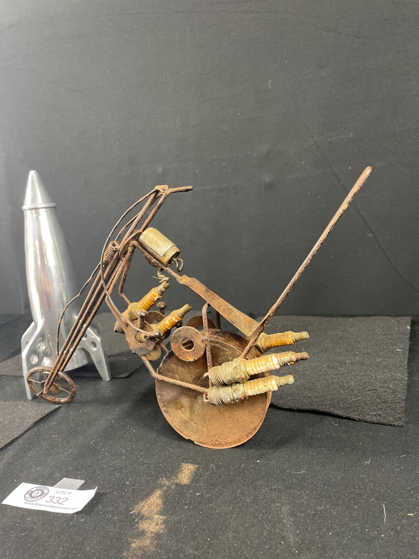 Metal Art Sculpture Chopper and Very Cool Metal Rocket Ship Statue