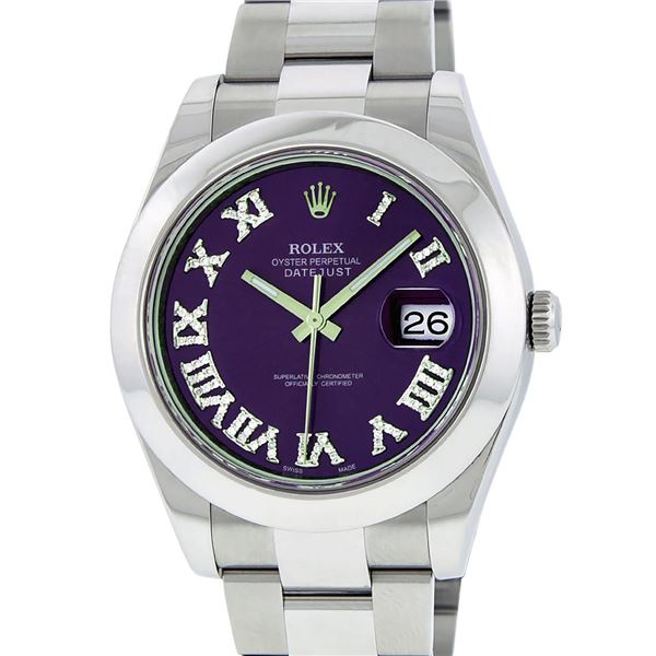 Rolex Mens SS 41MM Purple Roman Diamond Datejust 2 Oyster Band Wristwatch