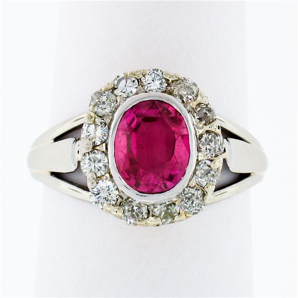 Antique Victorian 14k Gold Vibrant Oval Red Stone & Mine Cut Diamond Halo Ring