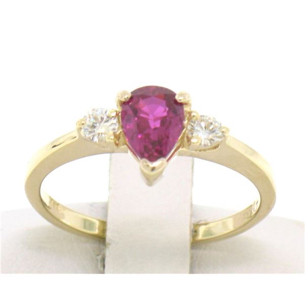 FINE 14k Solid Gold Pear Blood Red Ruby & Round Diamond Ladies Solitaire Ring