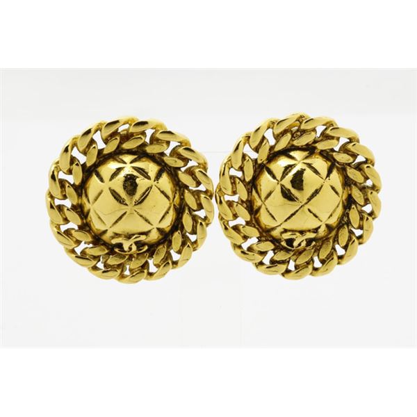 Chanel Gold-tone Metal Round Quilt Curb Chain Clip-on Earrings