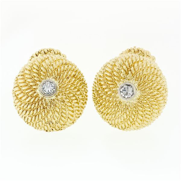 Vintage 14k Two Tone Gold 0.30 ctw Diamond Swirl Twisted Wire Button Cuff Links