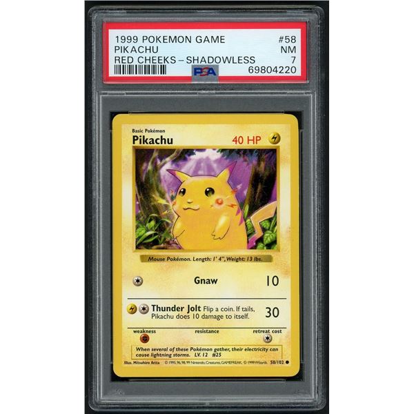 Pokemon: 1999 Pikachu Red Cheeks Shadowless (PSA 7)