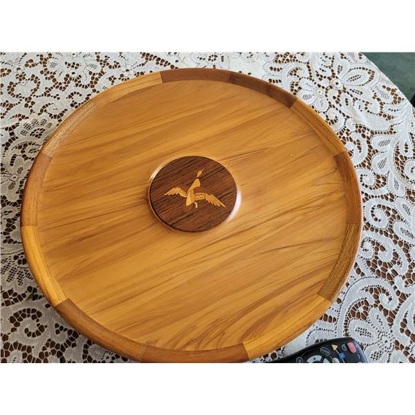 VINTAGE TEAK TABLETOP LAZY SUSAN WITH CANADA GOOSE