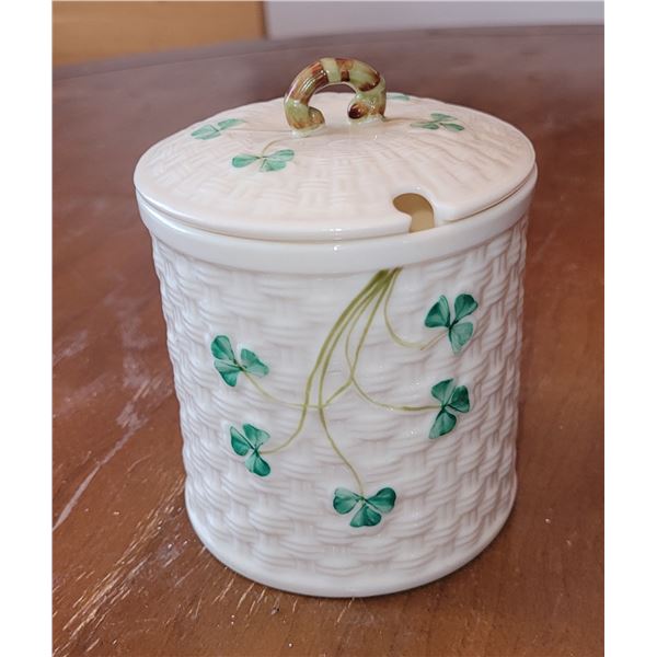 BELLEEK SHAMROCK MARMALADE JAR TALL 3.5"