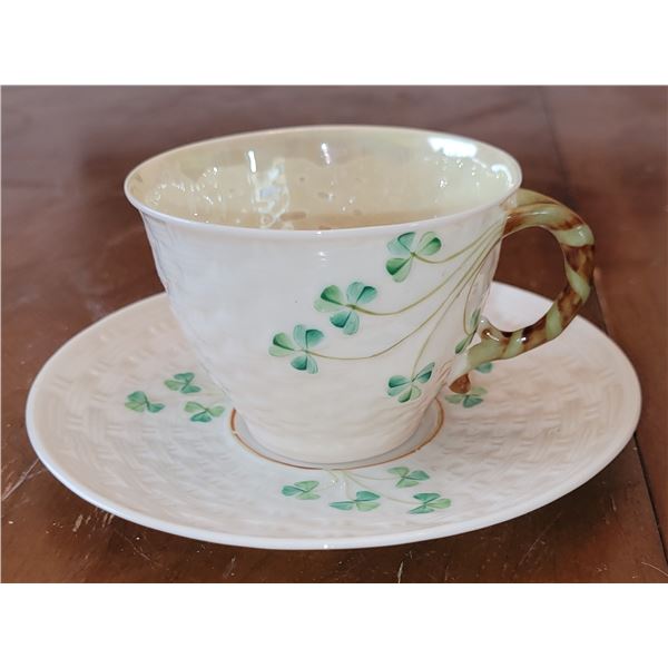 BELLEEK SHAMROCK TEA CUP AND SAUCER 6" D
