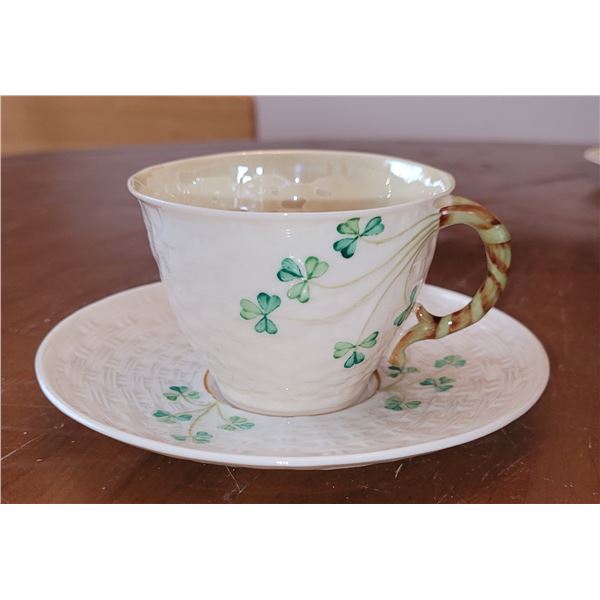 BELLEEK SHAMROCK TEA CUP AND SUAUCER 6"