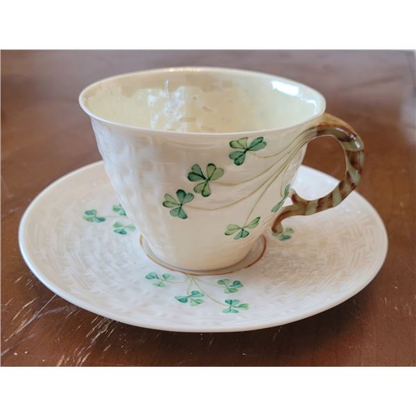 BELLEEK SHAMROCK TEA CUP AND SAUCER 6" D