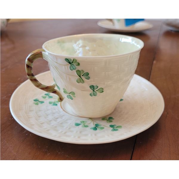 BELLEEK SHAMROCK TEACUP AND SAUCER 6" D