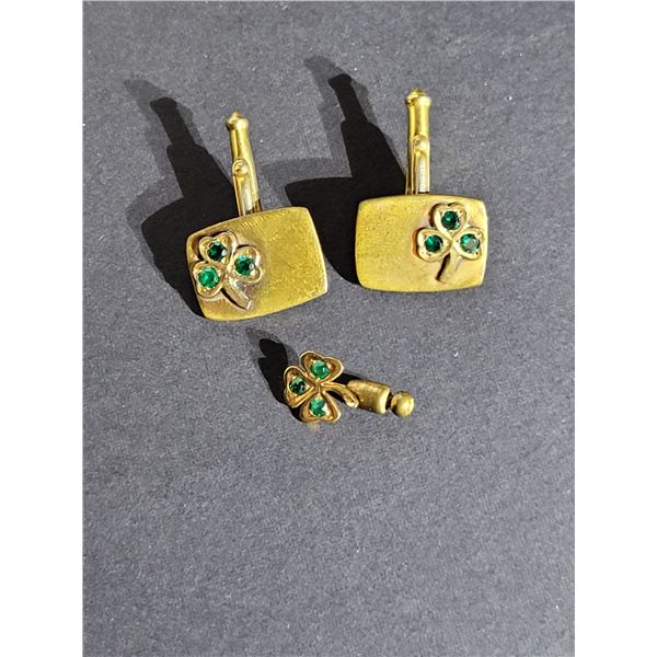 OLD 3 CLOVERLEAF CUFF LINKS AND PIN SET