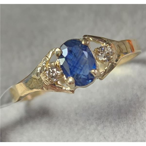 10K Yellow Gold Blue Sapphire(0.6ct) Diamond(0.04ct) Ring (~Size 6) (~weight 1.38g), Made in Canada,
