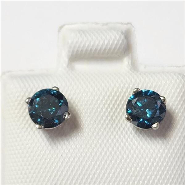 14K White Gold Diamond (0.9Ct,I1-I3,Blue (Color Treated) Earrings  (~weight 0.67g), Made in Canada, 