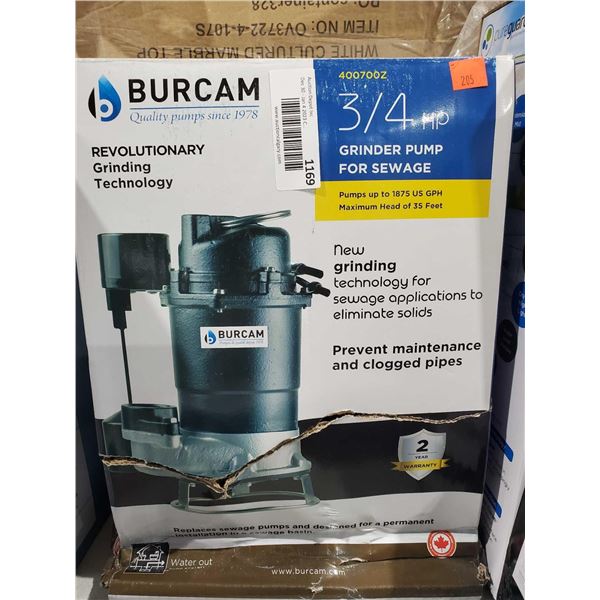 Burcam 3/4 hp Grinder Pump for sewage 1875 us gph some damage to box  as seen in pictures