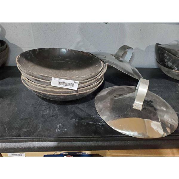 Hand Made Metal Woks with Tin Lids - Asst Size- Lot of 6 Wok/2Lids