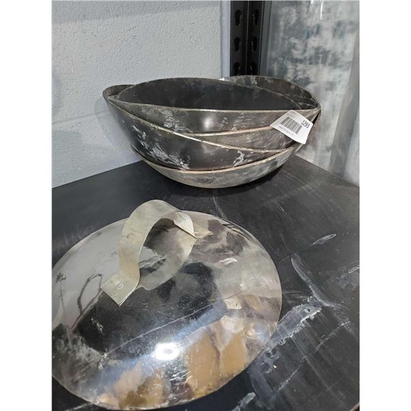 Hand Made Metal Woks with Tin Lids - Asst Size- Lot of 4 Wok/1Lid