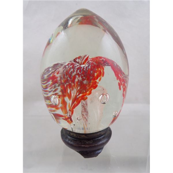 Murano Glass Flower Paperweight on Wood Stand