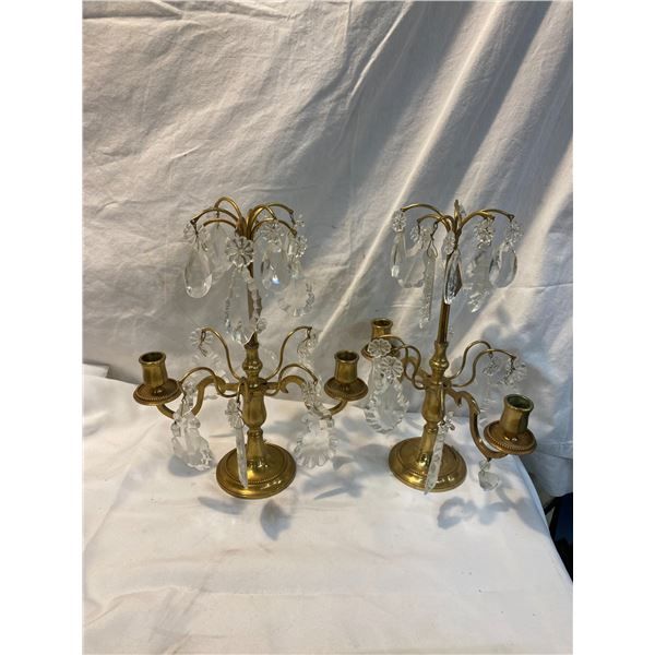 Brass candle sticks with glass dangles