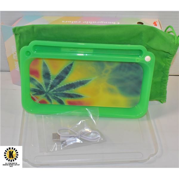 NEW GREEN CANNABIS LEAF THEMED LED ROLLING TRAY