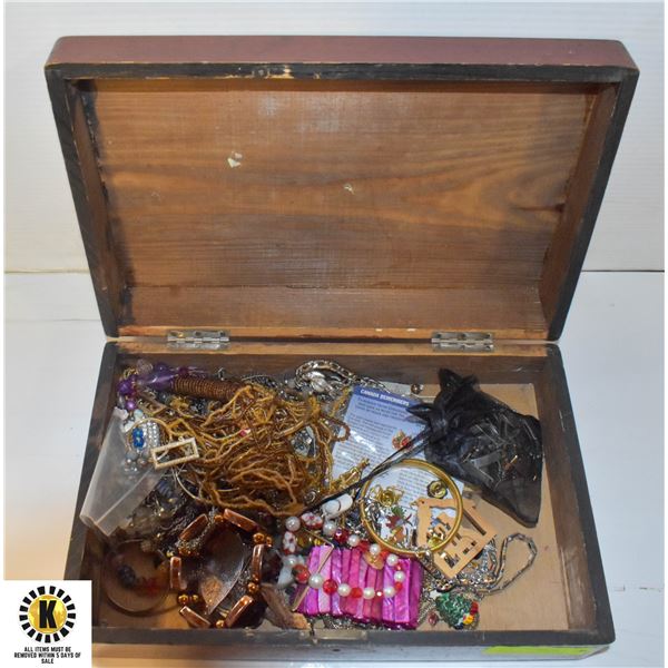 LARGE WOODEN BOX FULL OF ASSORTED JEWELRY, PINS