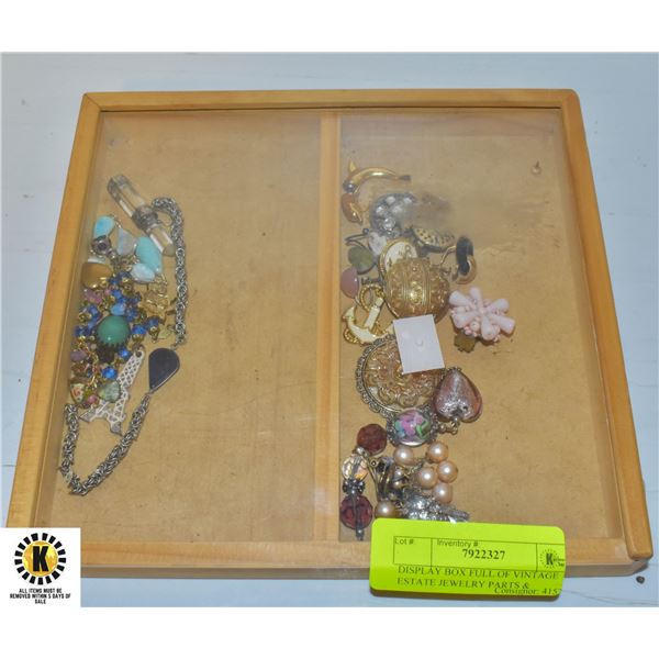 DISPLAY BOX FULL OF VINTAGE ESTATE JEWELRY PARTS &