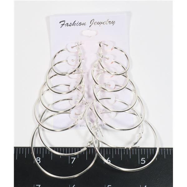 NEW 6PC SILVER TONE HOOP EARRINGS MULTIPLE SIZES