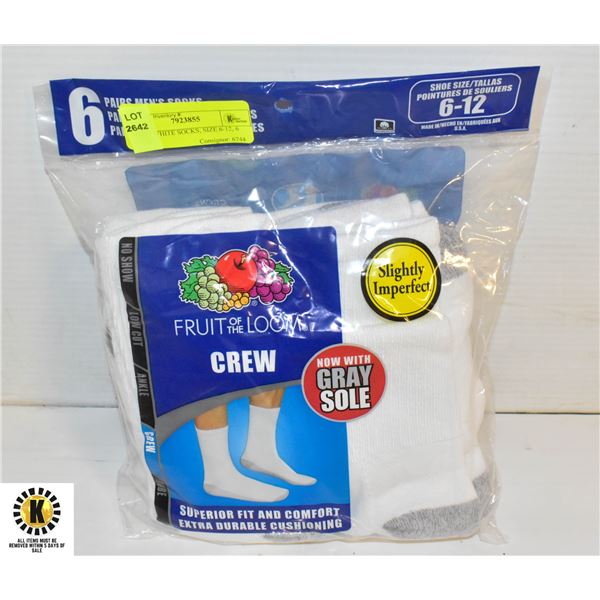 CREW WHITE SOCKS, SIZE 6-12, 6 PACK