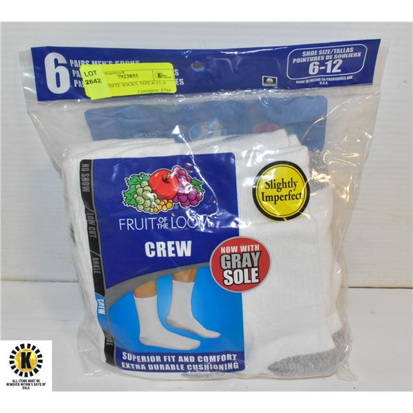 CREW WHITE SOCKS, SIZE 6-12, 6 PACK