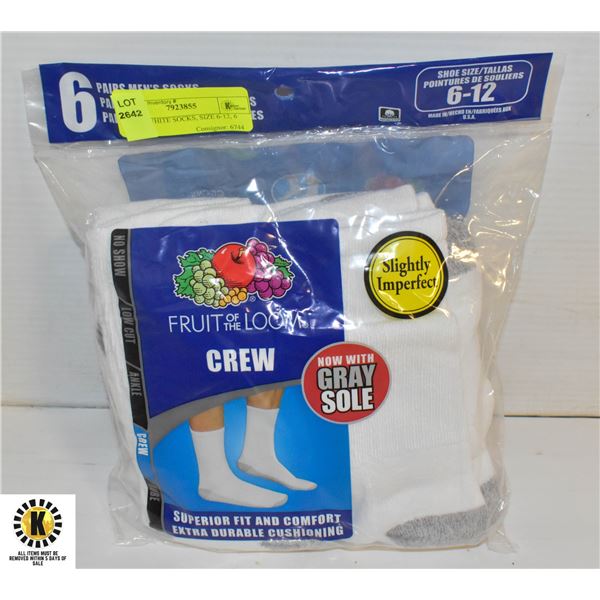 CREW WHITE SOCKS, SIZE 6-12, 6 PACK