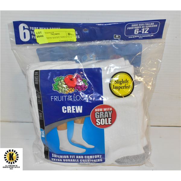 CREW WHITE SOCKS, SIZE 6-12, 6 PACK