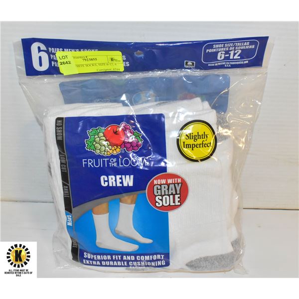 CREW WHITE SOCKS, SIZE 6-12, 6 PACK