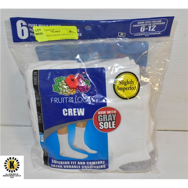 CREW WHITE SOCKS, SIZE 6-12, 6 PACK