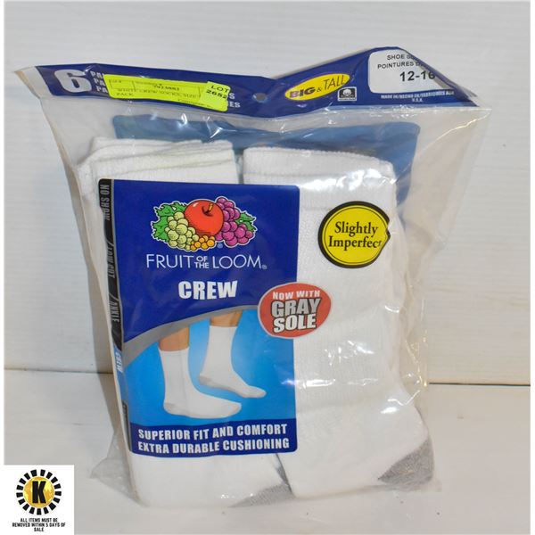 WHITE CREW SOCKS, SIZE 12-16, 6 PACK