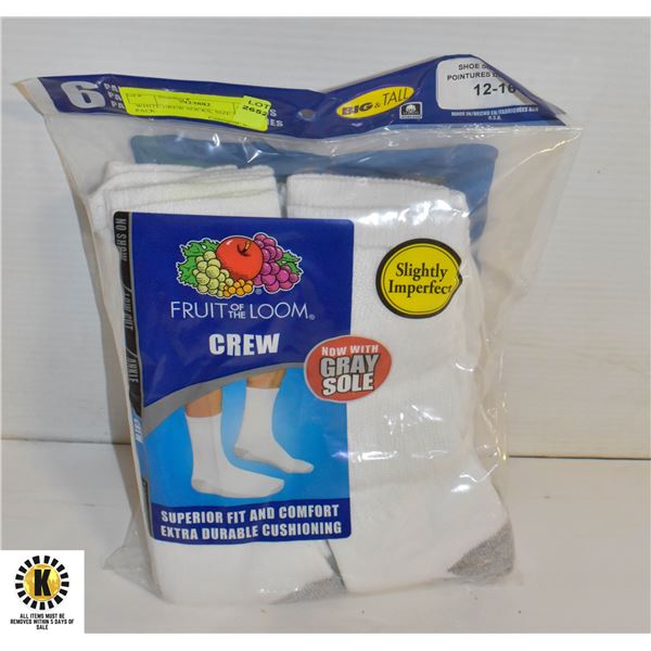 WHITE CREW SOCKS, SIZE 12-16, 6 PACK