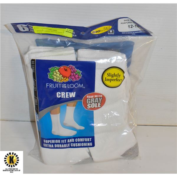 WHITE CREW SOCKS, SIZE 12-16, 6 PACK