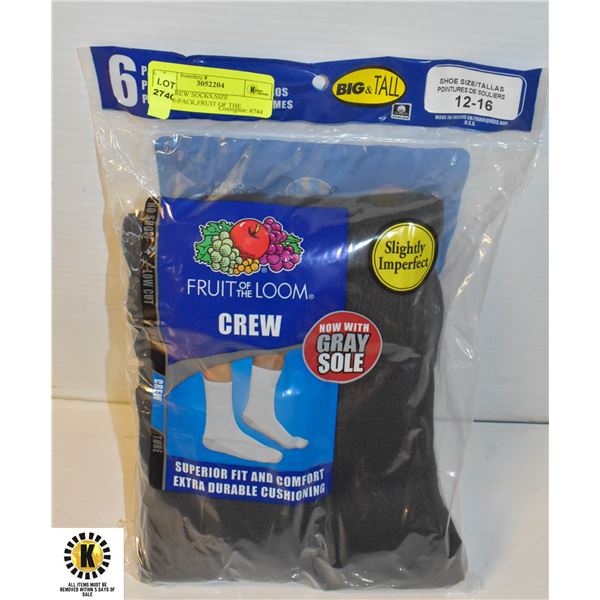 BLK CREW SOCKS,SIZE 12-16,6-PACK,FRUIT OF THE