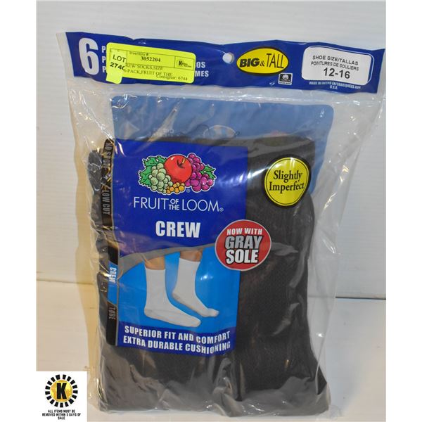 BLK CREW SOCKS,SIZE 12-16,6-PACK,FRUIT OF THE