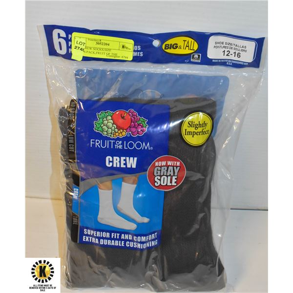 BLK CREW SOCKS,SIZE 12-16,6-PACK,FRUIT OF THE